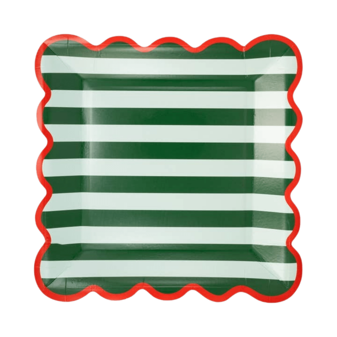 Green and white striped square paper plate with red scalloped edge for Christmas from Parte Haus party supply store in Bethesda Maryland