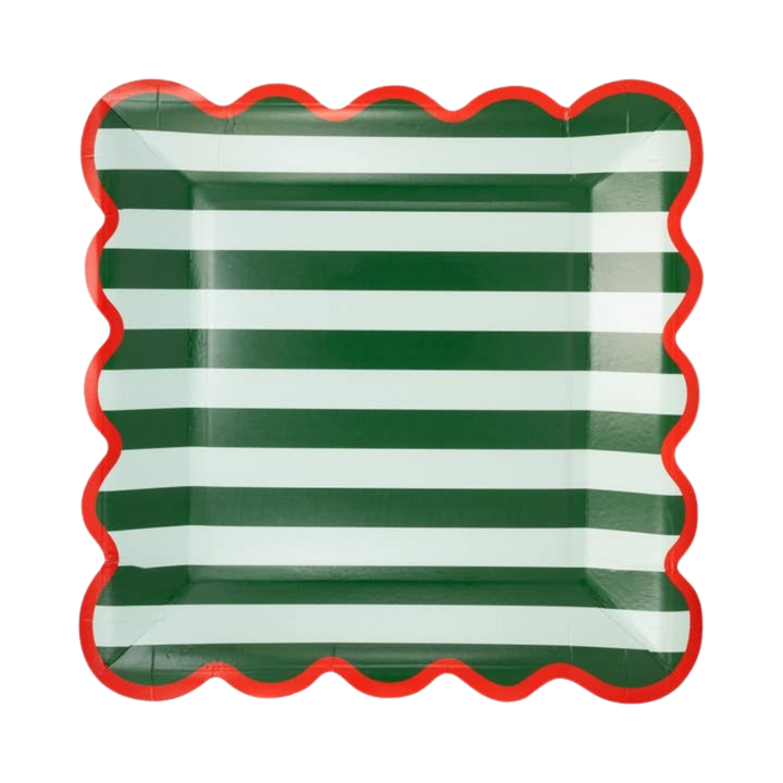 Red and Green Striped Scalloped Edge Square Large Dinner Plates