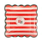 Red and white striped square plate with wavy green rim Christmas from Parte Haus party supply store in Bethesda MD