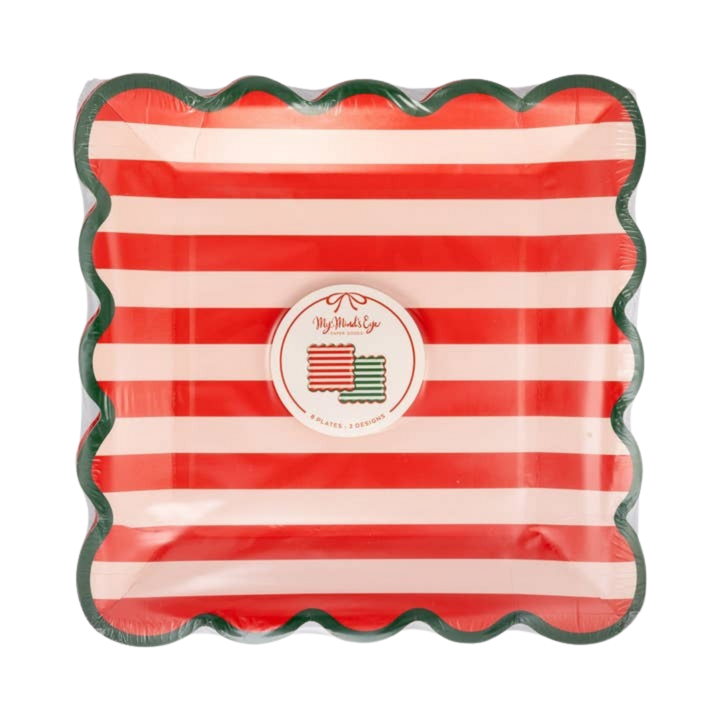 Red and Green Striped Scalloped Edge Square Large Dinner Plates