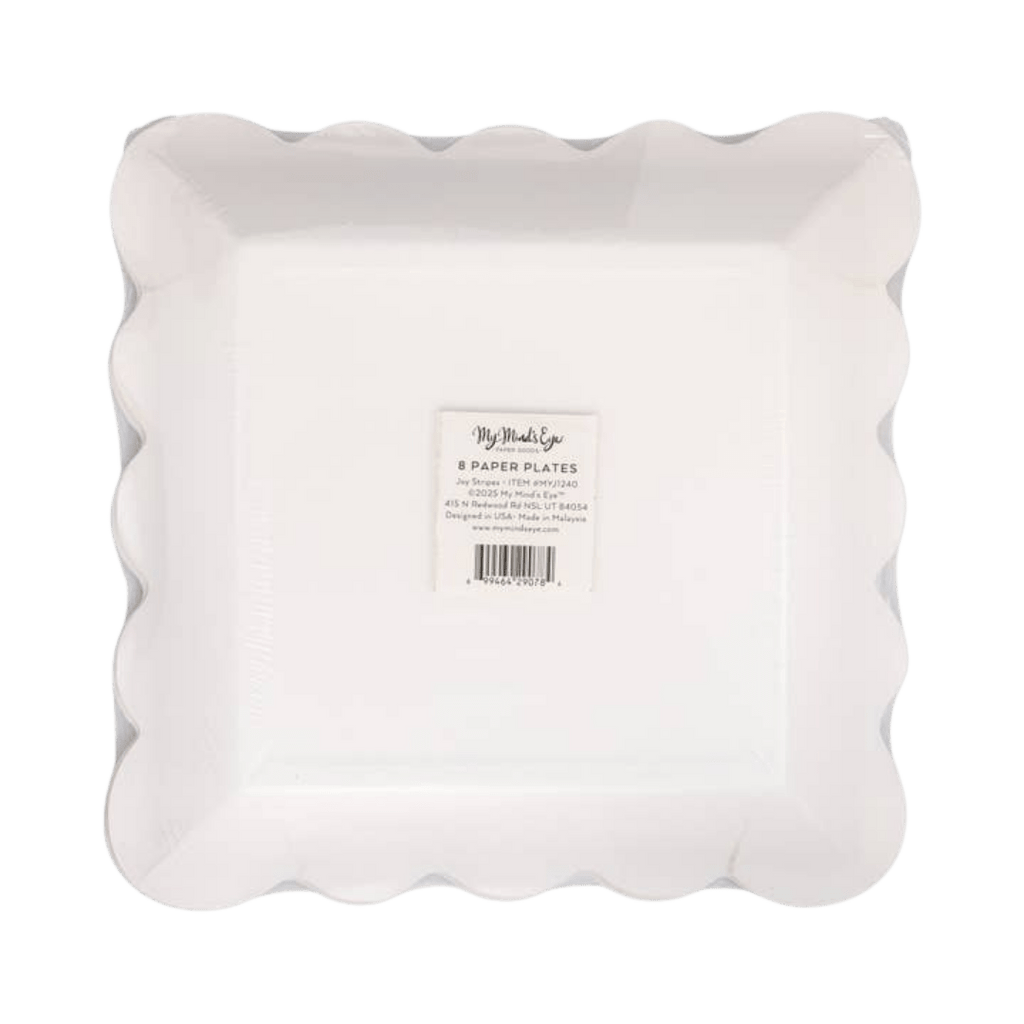 White square scalloped edge paper plates classic tableware from Parte Haus party supply store in Bethesda MD