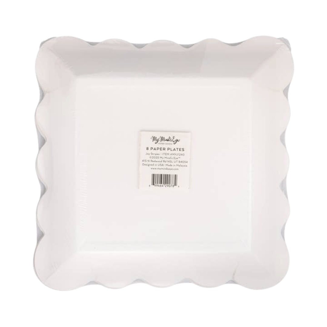 White square scalloped edge paper plates classic tableware from Parte Haus party supply store in Bethesda MD