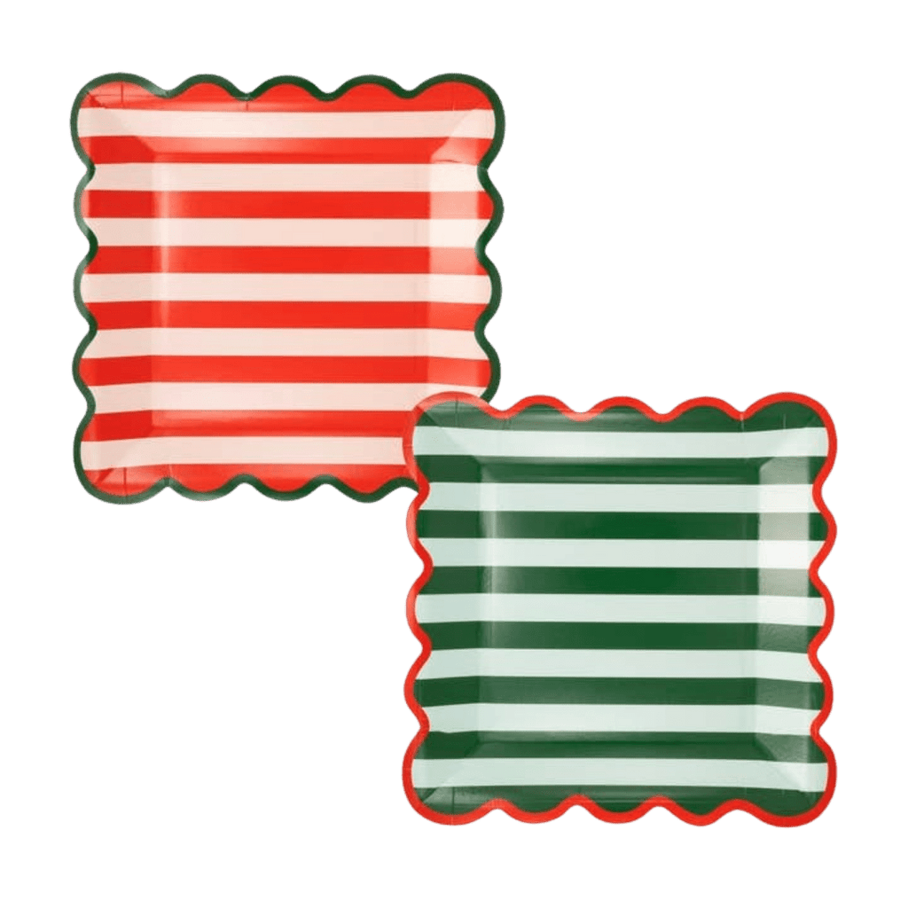 Red and green striped square plates with scalloped edges Christmas theme from Parte Haus party supply store in Bethesda MD