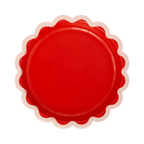Red scalloped paper plate with white edge for birthday celebration from Parte Haus party supply store in Bethesda MD.