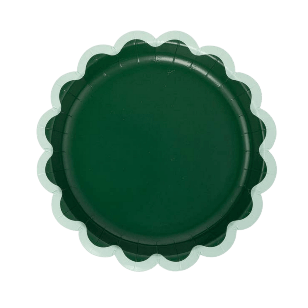 Green scalloped paper plate with white rim classic tableware for birthday from Parte Haus party supply store in Bethesda Maryland