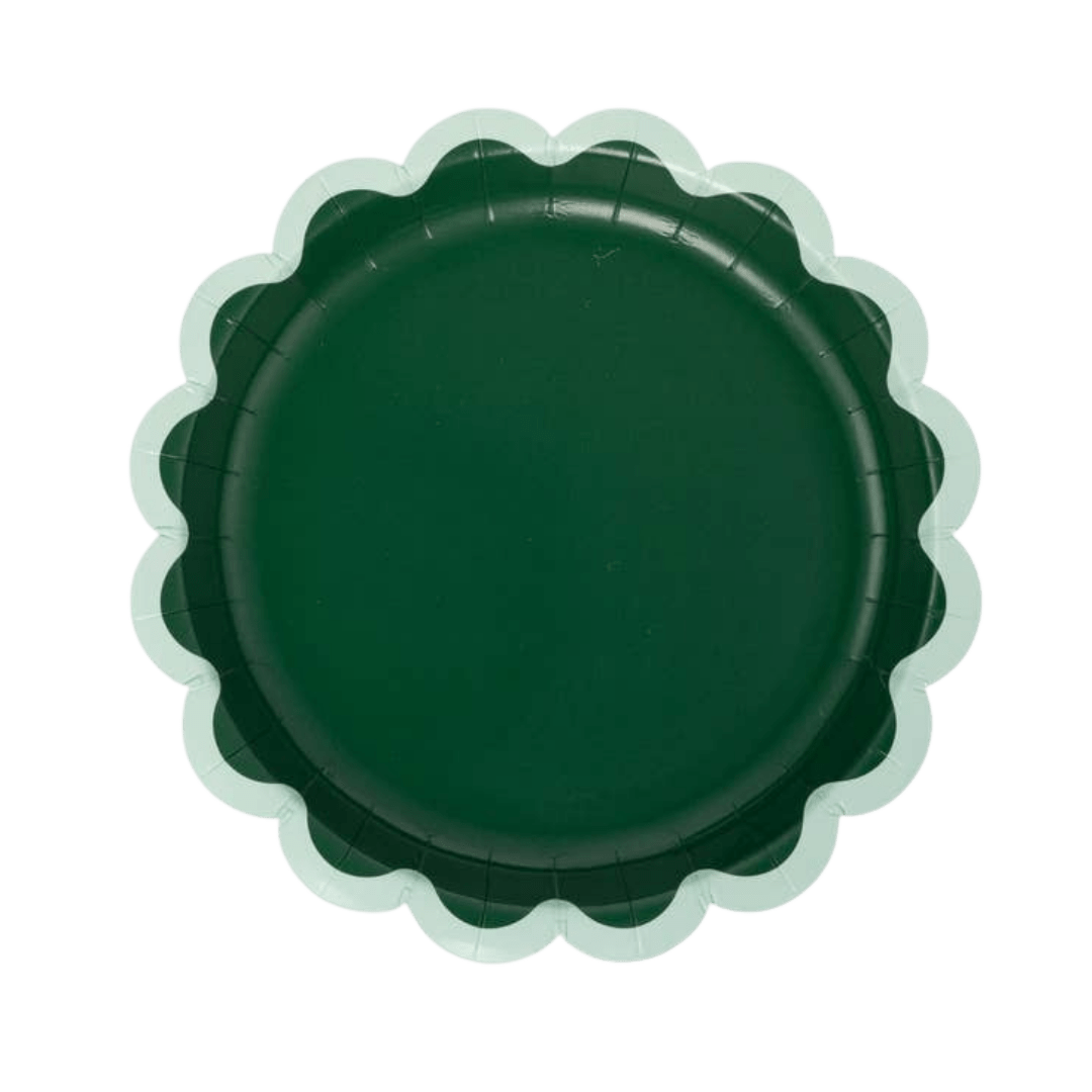 Green scalloped paper plate with white rim classic tableware for birthday from Parte Haus party supply store in Bethesda Maryland