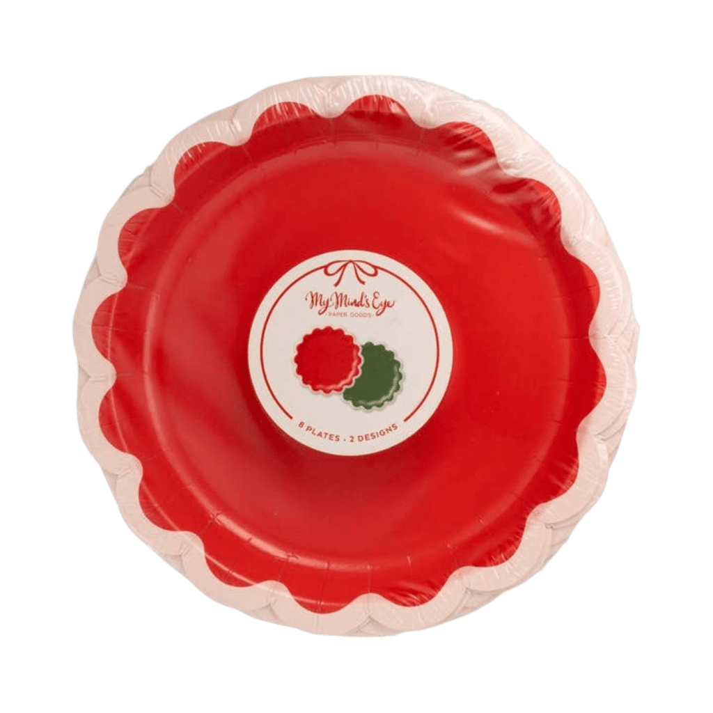 Red scalloped holiday paper plates pack for Christmas from Parte Haus party supply store in Bethesda Maryland