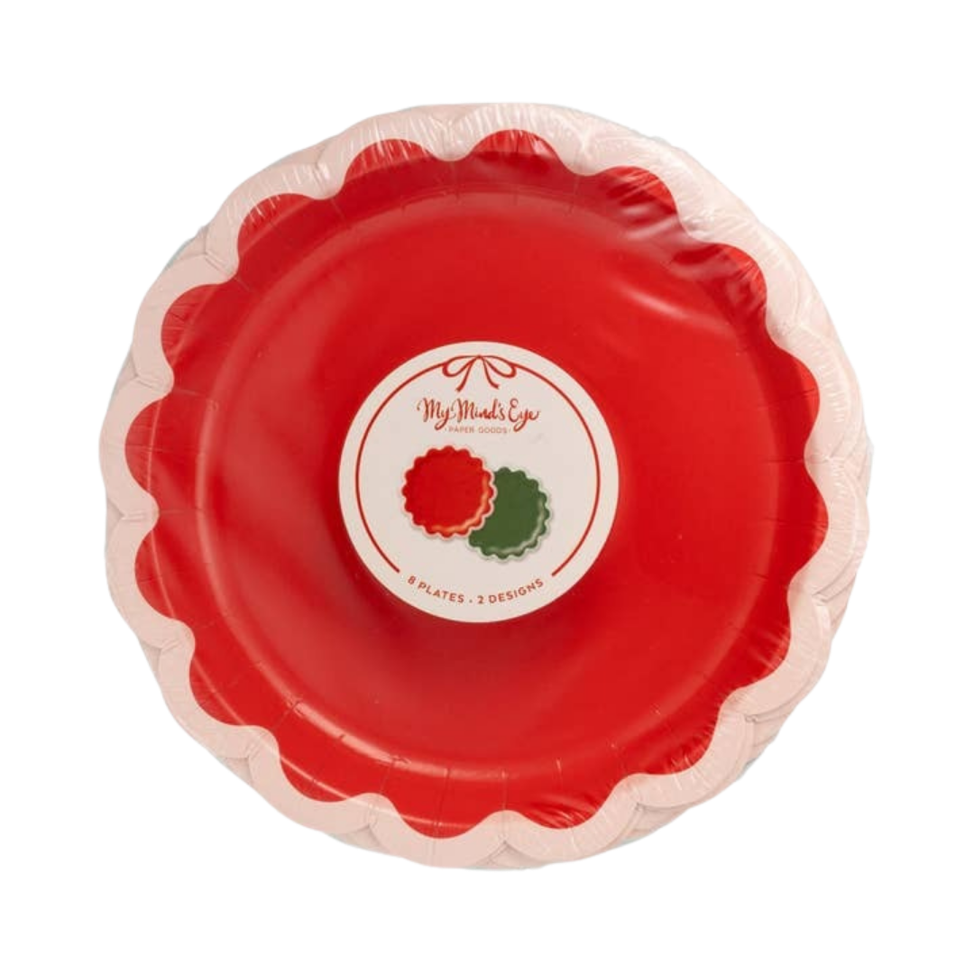 Red and Dark Green Scalloped Ric Rac Edge Small Appetizer Plates
