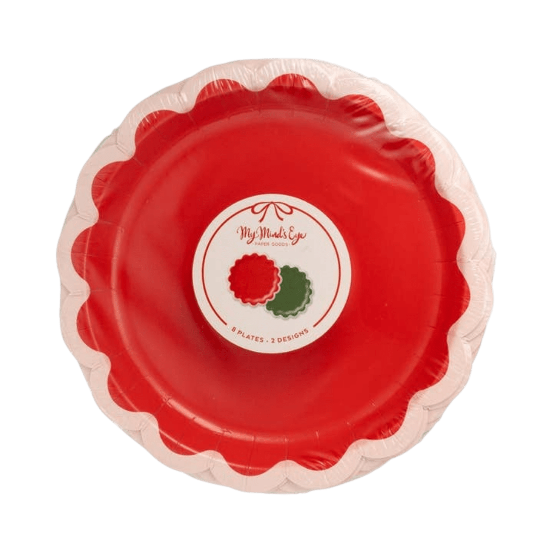 Red scalloped holiday paper plates pack for Christmas from Parte Haus party supply store in Bethesda Maryland