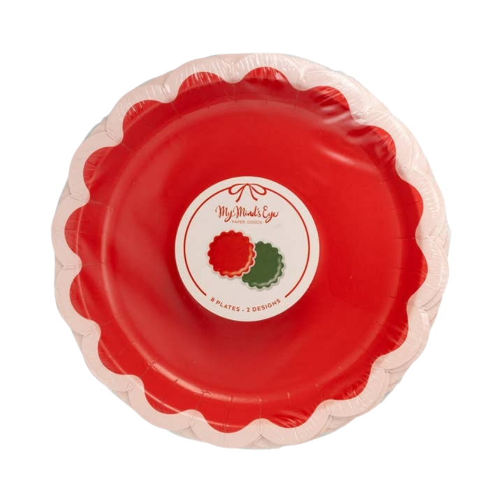 Red and Dark Green Scalloped Ric Rac Edge Small Appetizer Plates