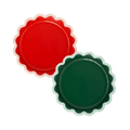 Red and green scalloped edge paper plates Christmas theme from Parte Haus party supply store in Bethesda MD