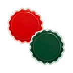 Red and green scalloped edge paper plates Christmas theme from Parte Haus party supply store in Bethesda MD
