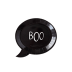 Black speech bubble plate with BOO for Halloween from Parte Haus party supply store in Bethesda MD