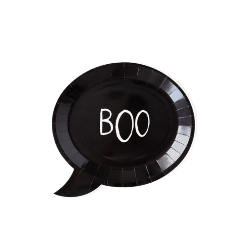Black speech bubble plate with BOO for Halloween from Parte Haus party supply store in Bethesda MD