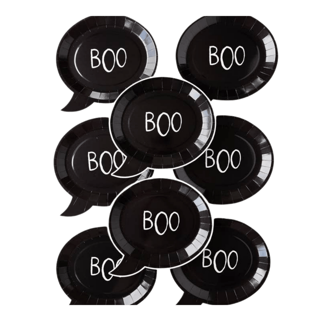 Black Halloween plates with BOO text in comic bubble shape from Parte Haus party supply store in Bethesda Maryland