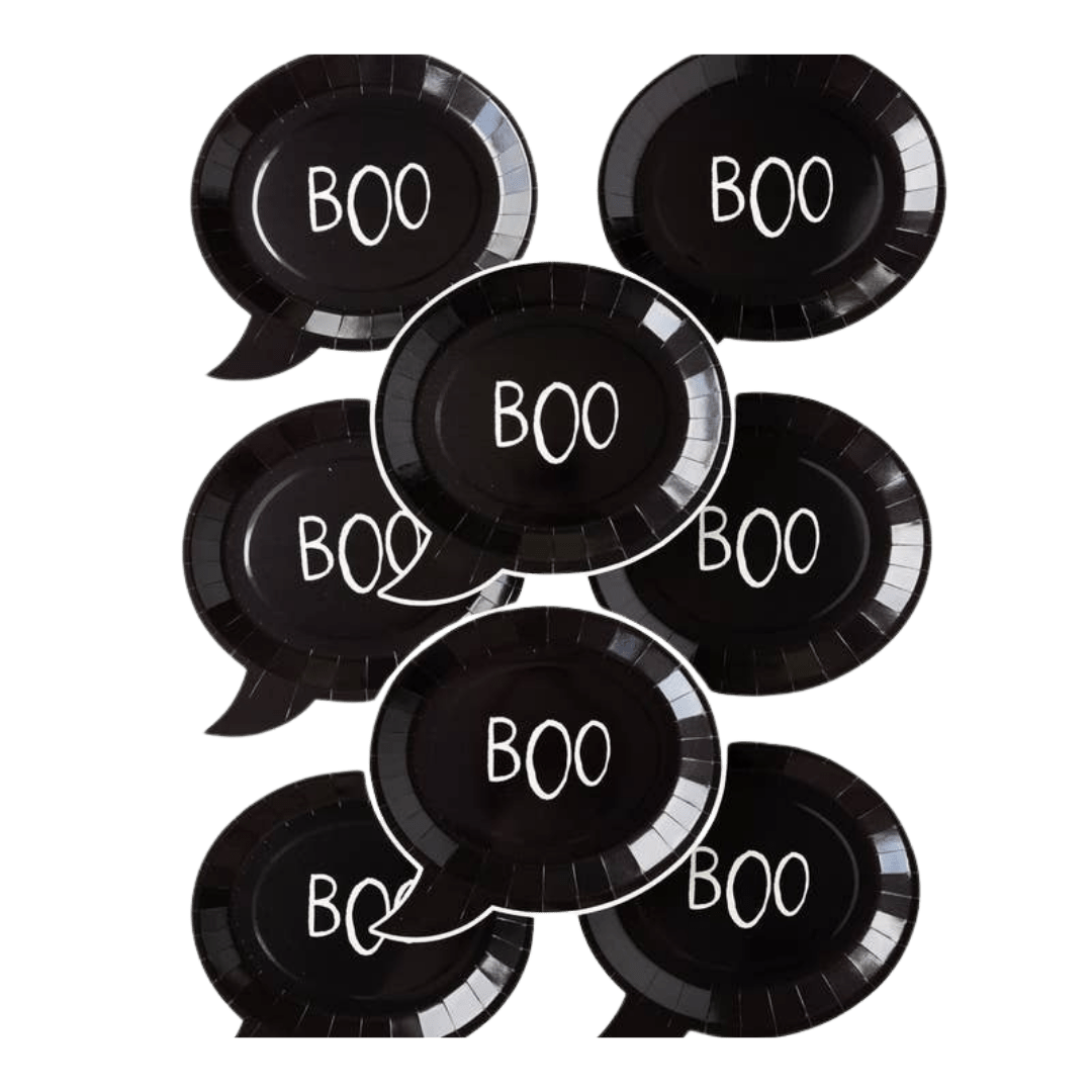 Black Halloween plates with BOO text in comic bubble shape from Parte Haus party supply store in Bethesda Maryland