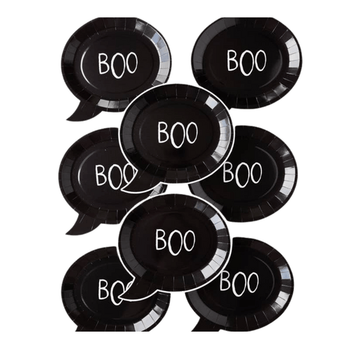 Black Halloween plates with BOO text in comic bubble shape from Parte Haus party supply store in Bethesda Maryland
