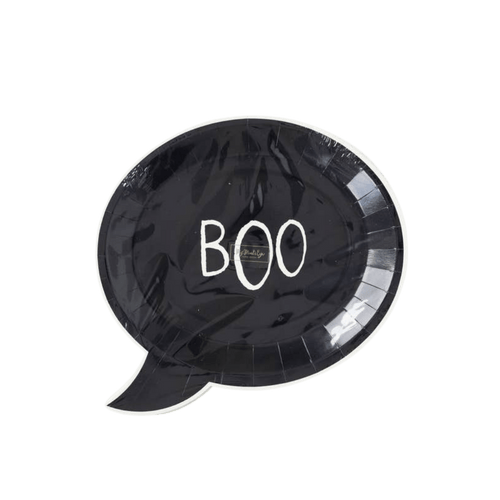 black speech bubble plate with BOO text Halloween decor from Parte Haus party supply store in Bethesda Maryland