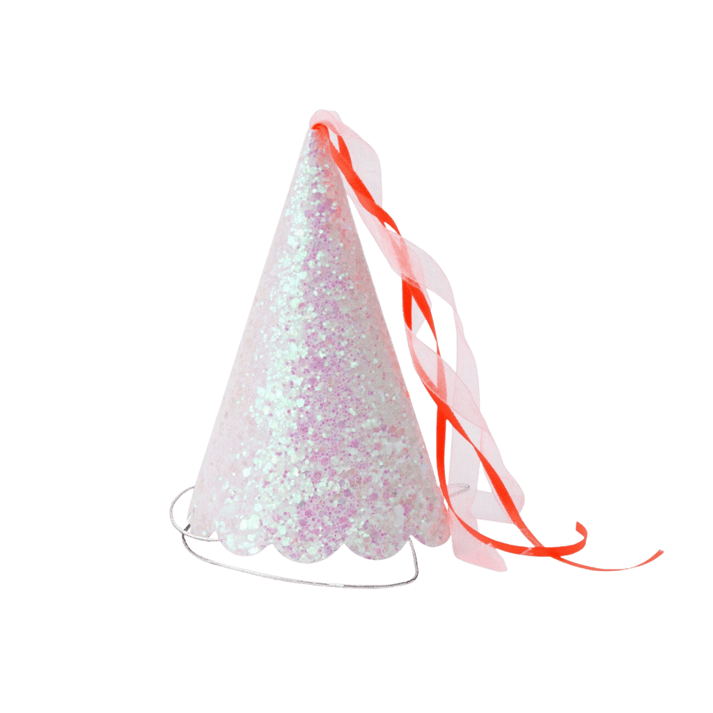 Iridescent princess party hat with pink ribbons for birthday theme from Parte Haus party supply store in Bethesda MD