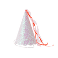 Iridescent princess party hat with pink ribbons for birthday theme from Parte Haus party supply store in Bethesda MD