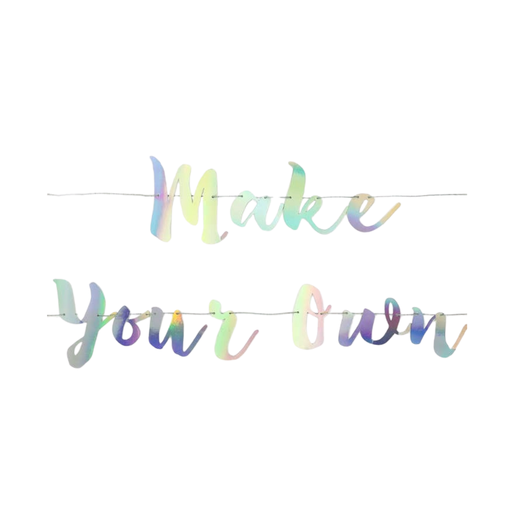 Iridescent make your own banner with script letters celebration decor from Parte Haus party supply store in Bethesda MD
