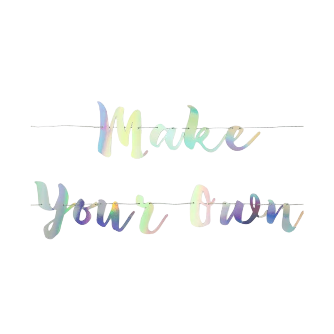 Iridescent make your own banner with script letters celebration decor from Parte Haus party supply store in Bethesda MD