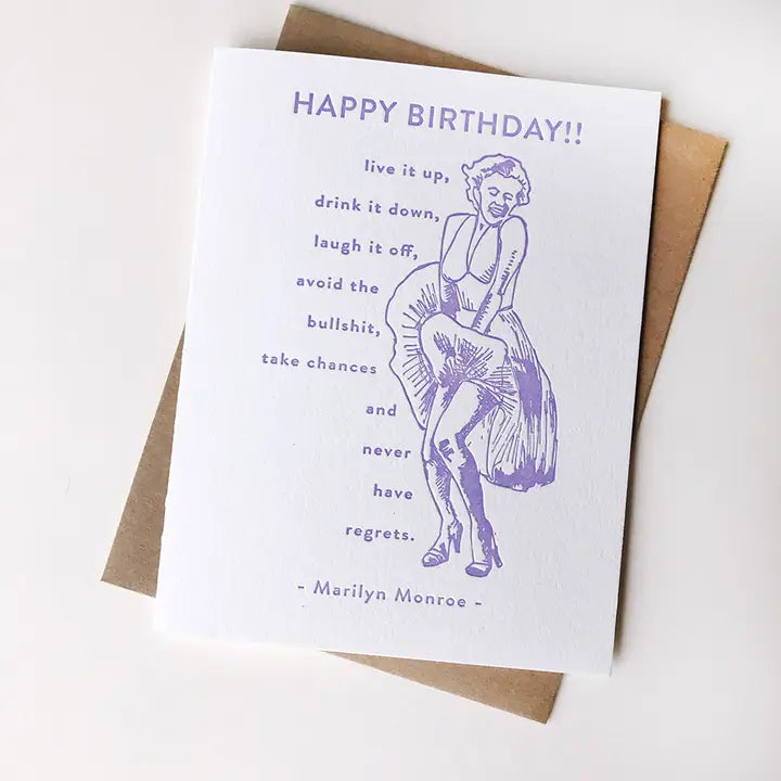 Purple letterpress birthday greeting card with vintage illustration birthday theme from Parte Haus party supply store in Bethesda Maryland