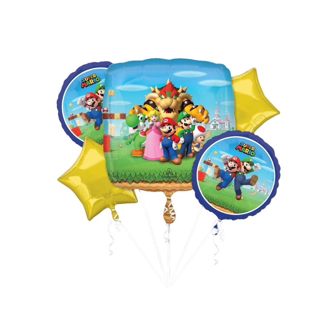 Multicolor Super Mario balloon bundle with character designs for birthday from Parte Haus party supply store in Bethesda Maryland