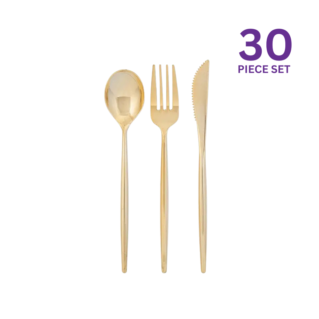 Gold plastic cutlery set of 30 shiny forks spoons and knives for celebrations from Parte Haus party supply store in Bethesda MD