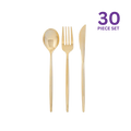Gold plastic cutlery set of 30 shiny forks spoons and knives for celebrations from Parte Haus party supply store in Bethesda MD