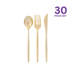 Gold plastic cutlery set of 30 shiny forks spoons and knives for celebrations from Parte Haus party supply store in Bethesda MD