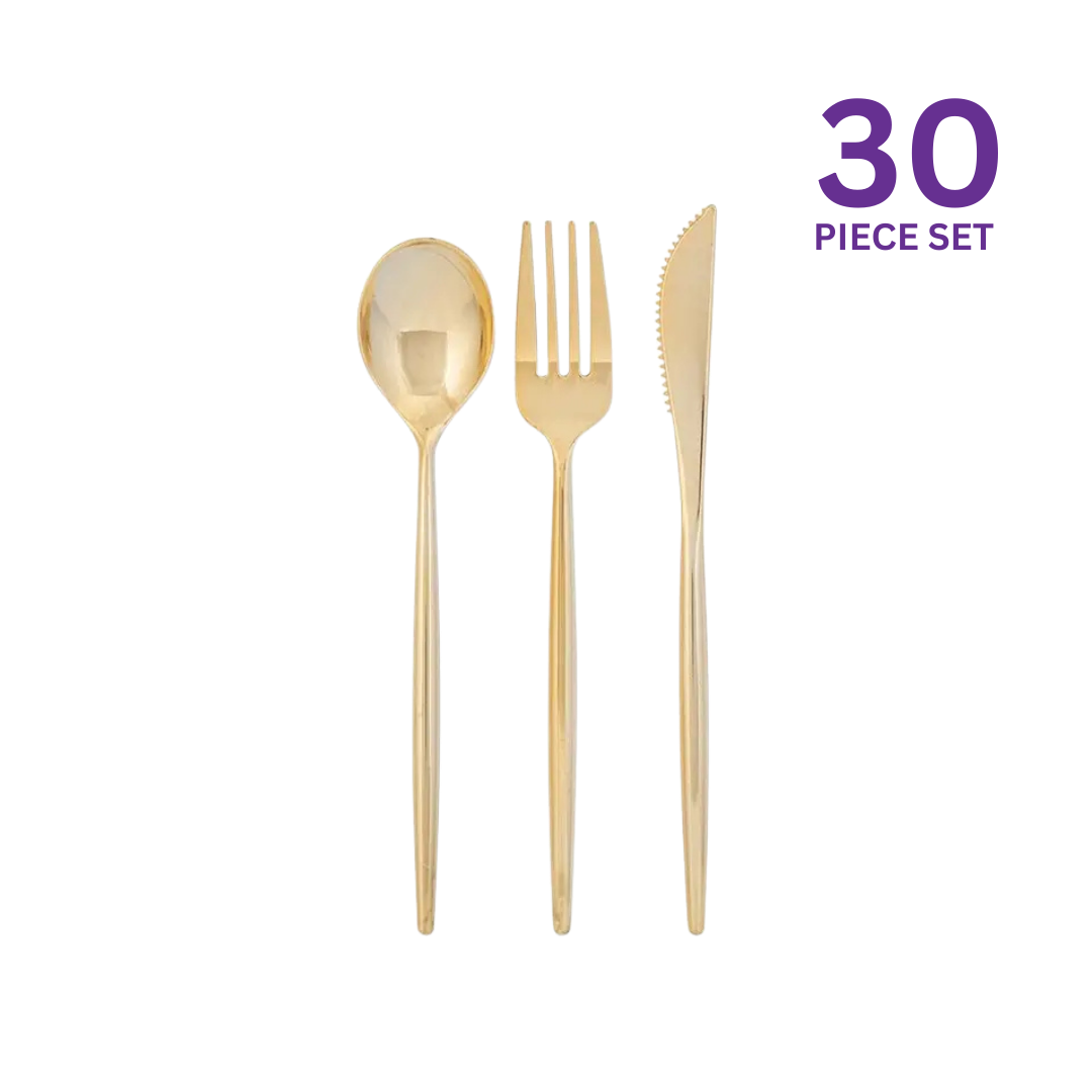 Gold plastic cutlery set of 30 shiny forks spoons and knives for celebrations from Parte Haus party supply store in Bethesda MD