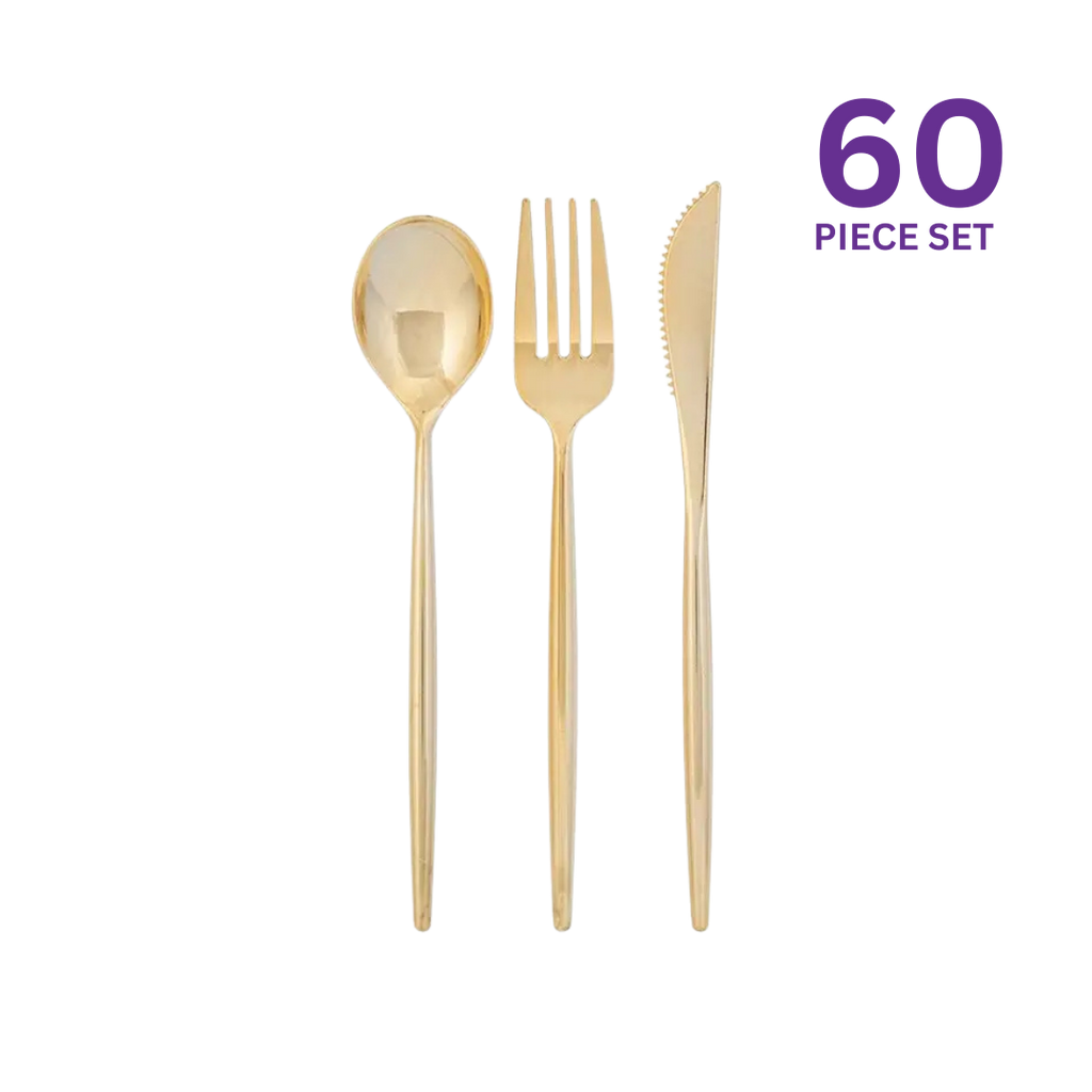 Gold plastic cutlery set with spoon fork knife elegant tableware for celebrations from Parte Haus party supply store in Bethesda MD