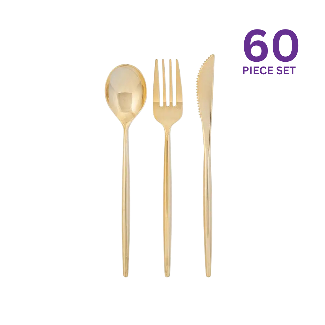 Gold plastic cutlery set with spoon fork knife elegant tableware for celebrations from Parte Haus party supply store in Bethesda MD