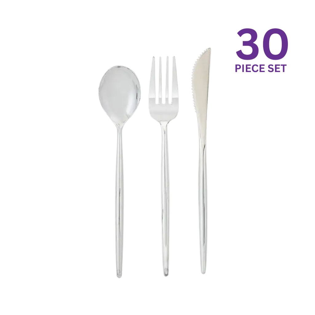 Silver plastic cutlery set with fork spoon knife for elegant events from Parte Haus party supply store in Bethesda MD