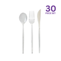 Silver plastic cutlery set with fork spoon knife for elegant events from Parte Haus party supply store in Bethesda MD