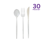 Silver plastic cutlery set with fork spoon knife for elegant events from Parte Haus party supply store in Bethesda MD