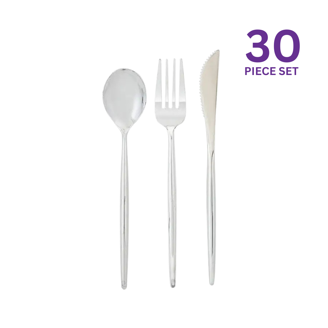 Silver plastic cutlery set with fork spoon knife for elegant events from Parte Haus party supply store in Bethesda MD