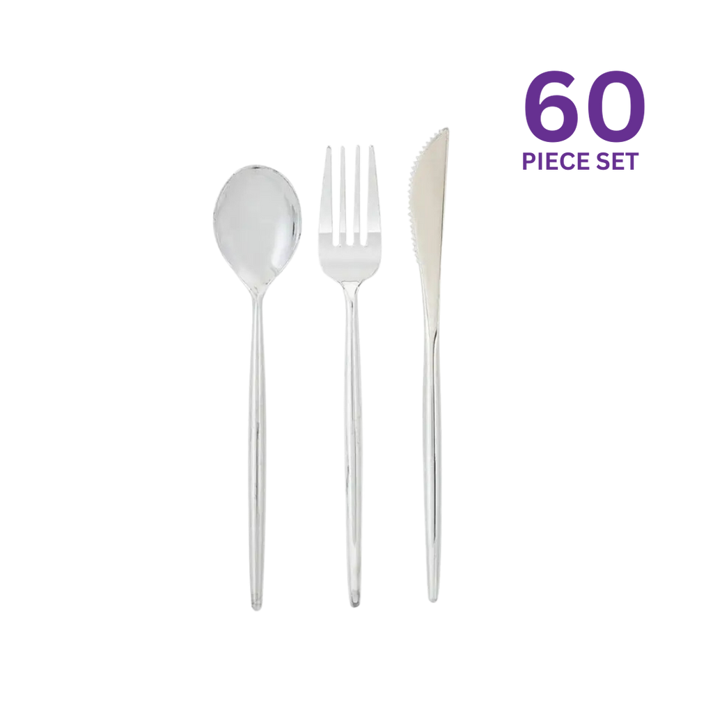 Silver plastic cutlery set 60 pieces ideal for celebrations from Parte Haus party supply store in Bethesda MD