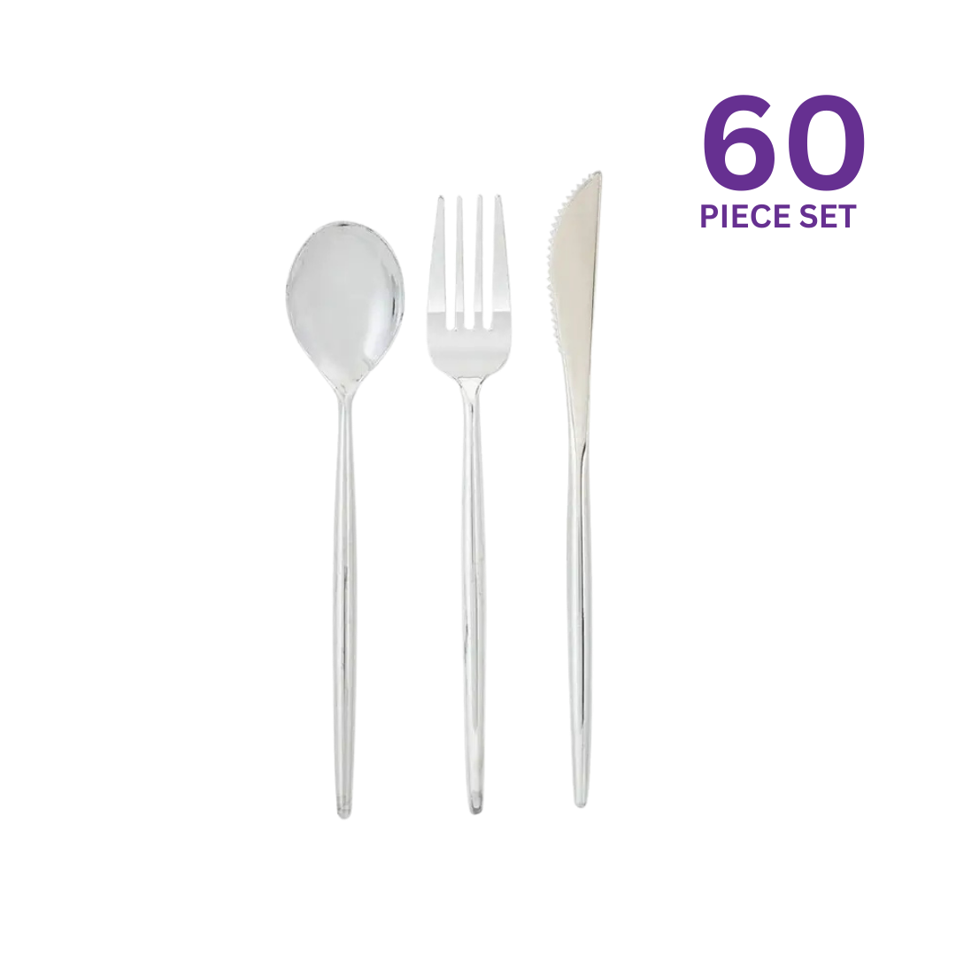 Silver plastic cutlery set 60 pieces ideal for celebrations from Parte Haus party supply store in Bethesda MD
