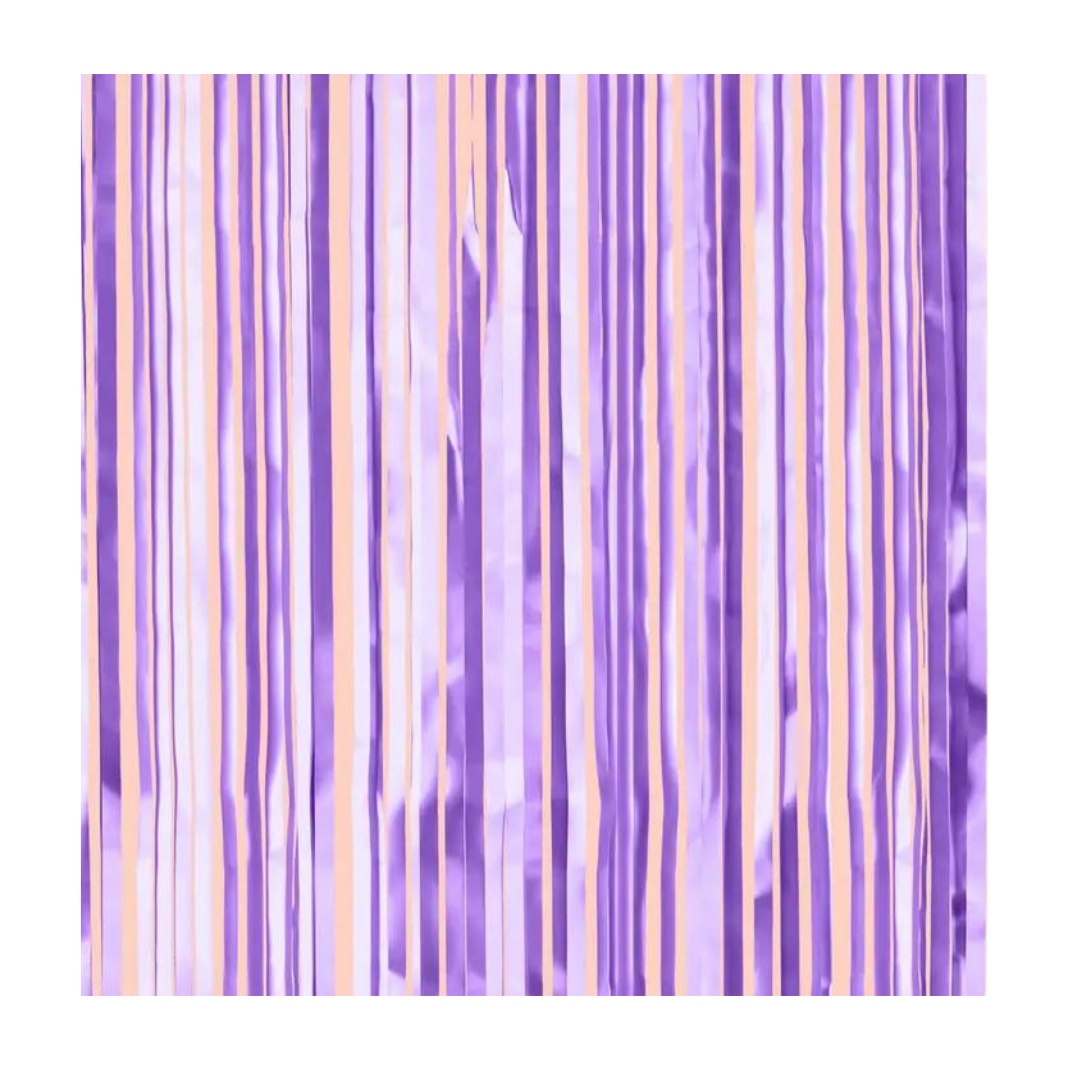 Matte purple foil curtain with vertical shiny and matte stripes birthday decor from Parte Haus party supply store in Bethesda Maryland