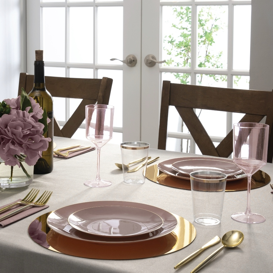 Mauve gold rimmed plastic plates elegant table setting for celebrations from Parte Haus party supply store in Bethesda MD