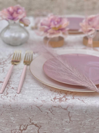 Mauve gold rimmed plastic plates elegant table setting for weddings from Parte Haus party supply store in Bethesda MD