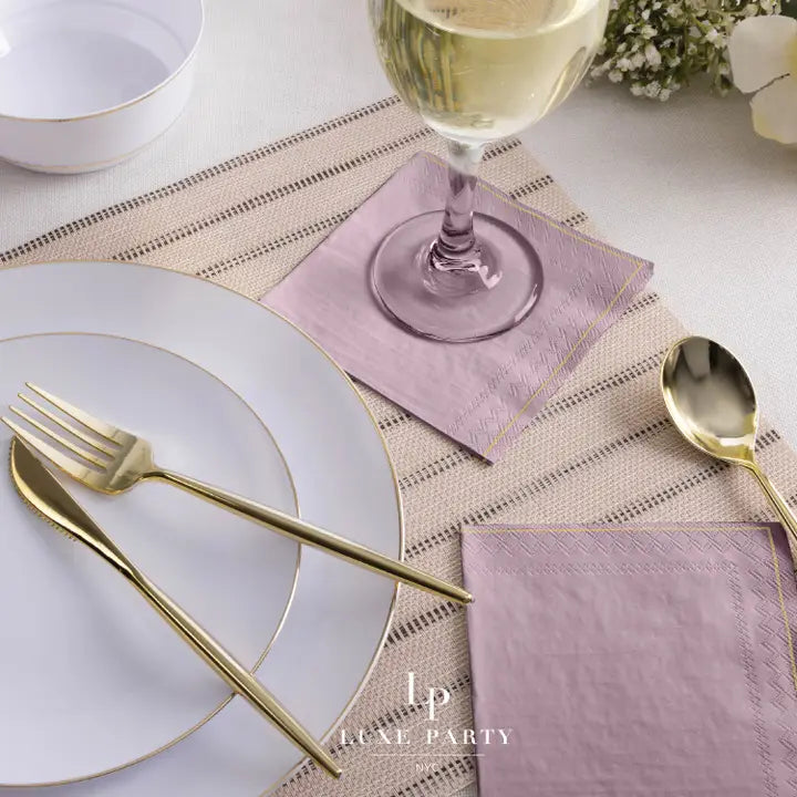 Mauve with gold stripe paper cocktail napkins for elegant dining from Parte Haus party supply store in Bethesda MD
