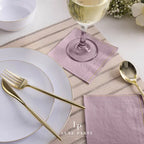 Mauve with gold stripe paper cocktail napkins for elegant dining from Parte Haus party supply store in Bethesda MD
