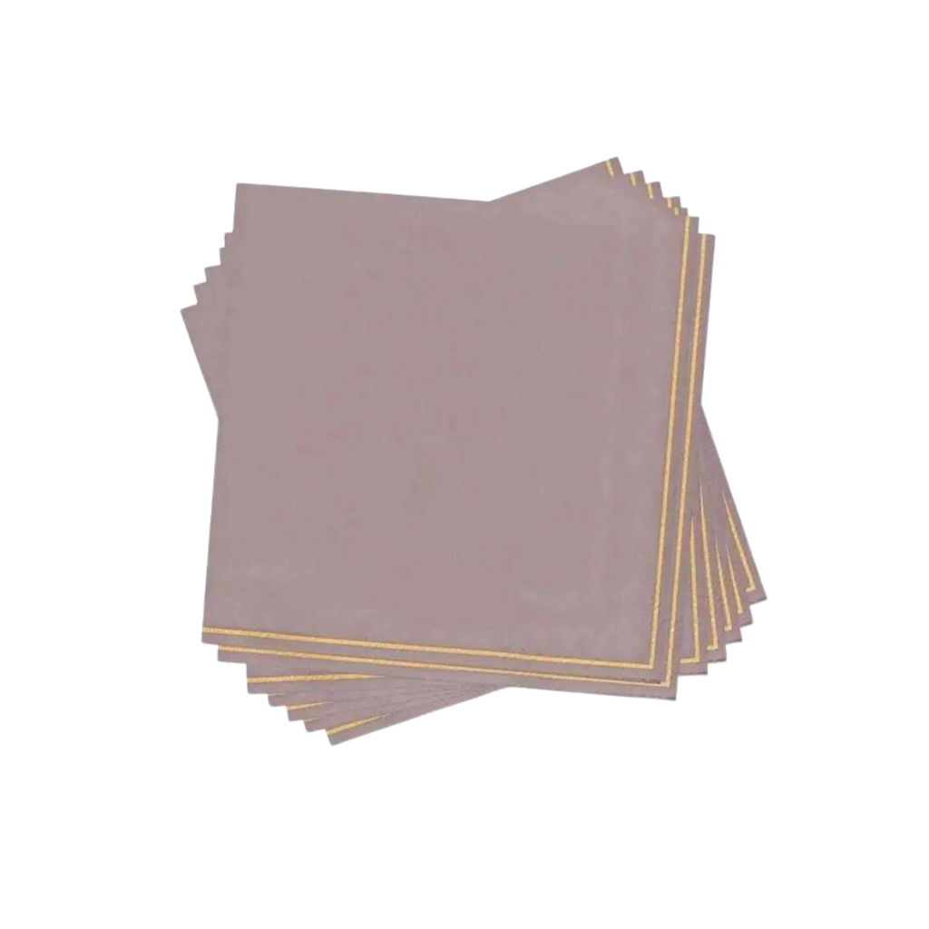 Mauve paper cocktail napkins with gold stripe for celebrations from Parte Haus party supply store in Bethesda Maryland