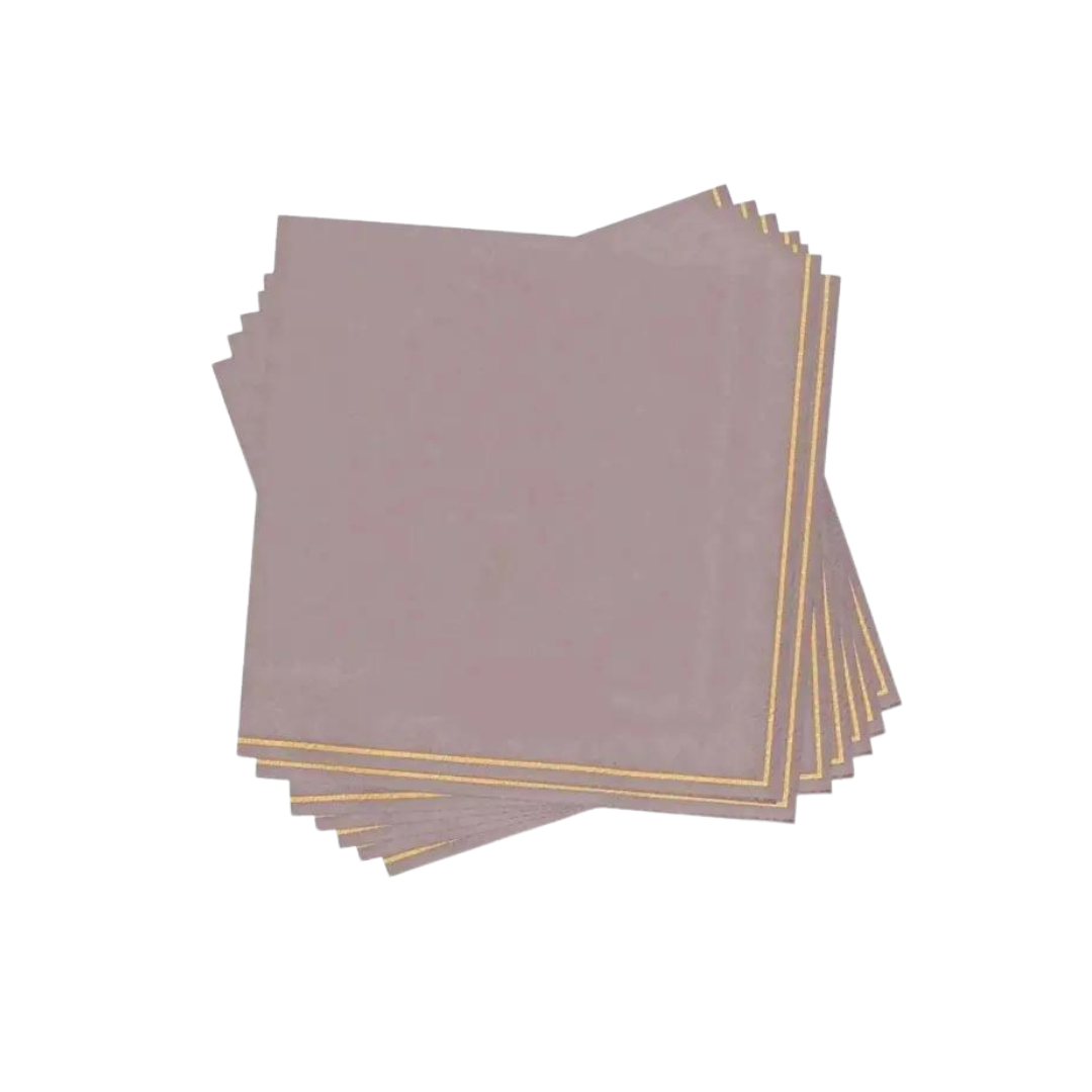 Mauve paper cocktail napkins with gold stripe for celebrations from Parte Haus party supply store in Bethesda Maryland