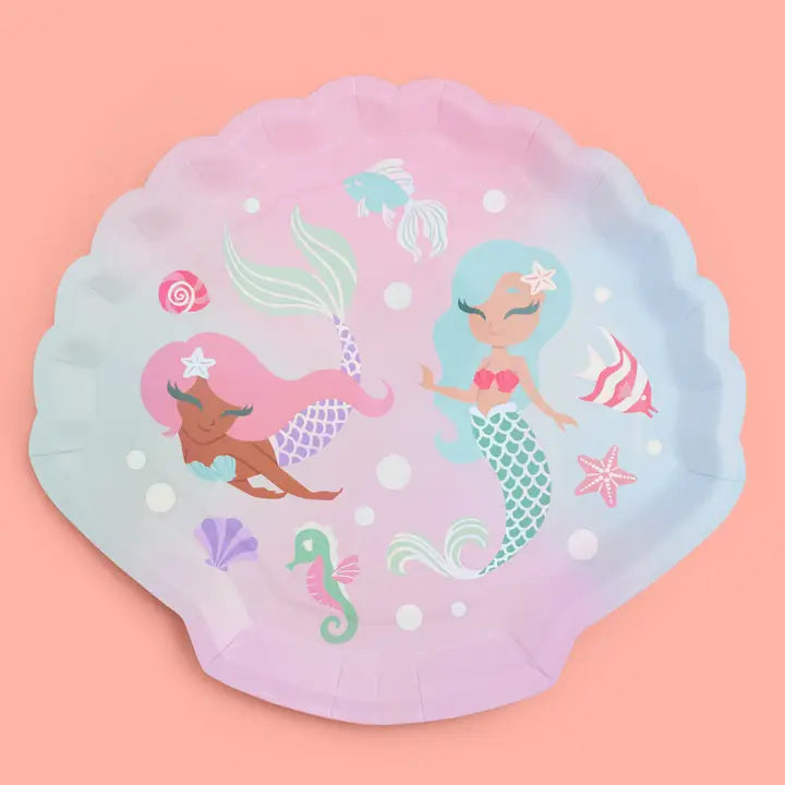 Pastel mermaid shell shaped paper plate with fish and sea stars for birthday from Parte Haus party supply store in Bethesda Maryland