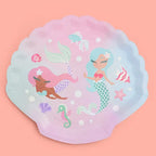 Pastel mermaid shell shaped paper plate with fish and sea stars for birthday from Parte Haus party supply store in Bethesda Maryland