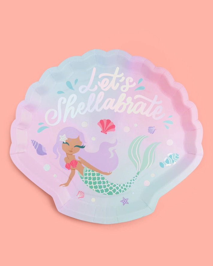 Pastel mermaid paper plate with shell shape and Let’s Shellabrate text for birthday mermaid theme from Parte Haus party supply store in Bethesda Maryland